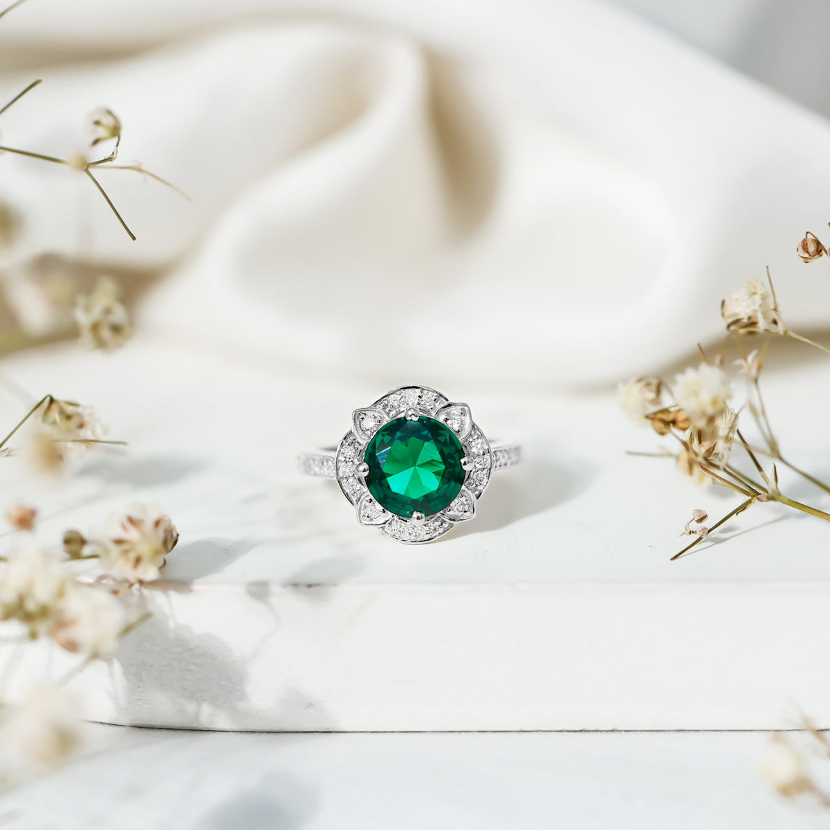 2 Carat Lab Grown Emerald Vintage Inspired Engagement Ring with Diamond