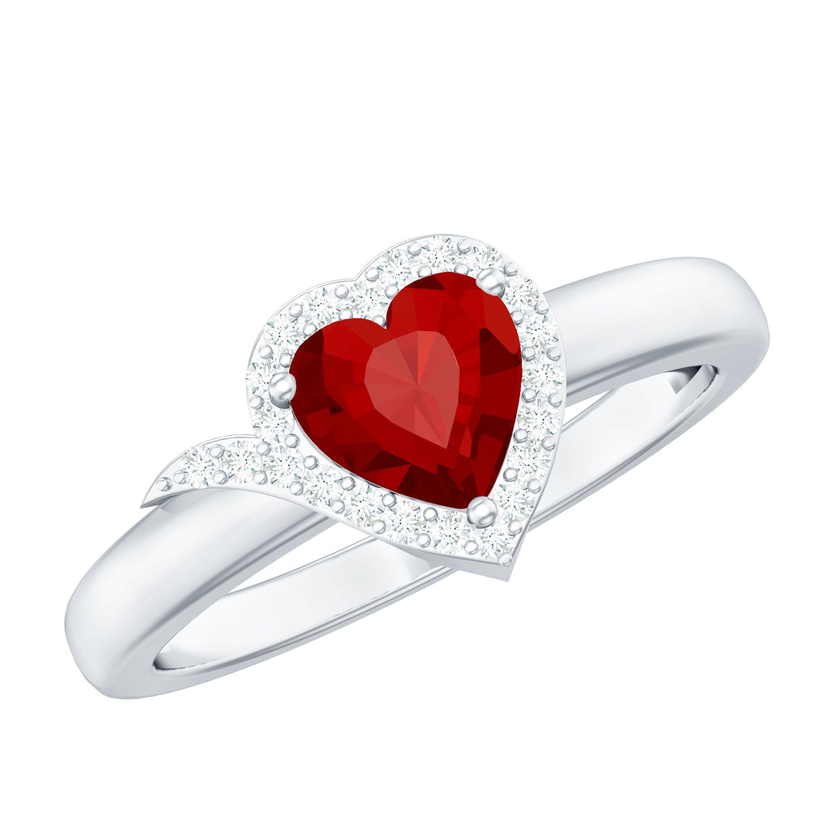 0.9 Carat Lab Grown Ruby Heart Engagement Ring with Diamond Halo