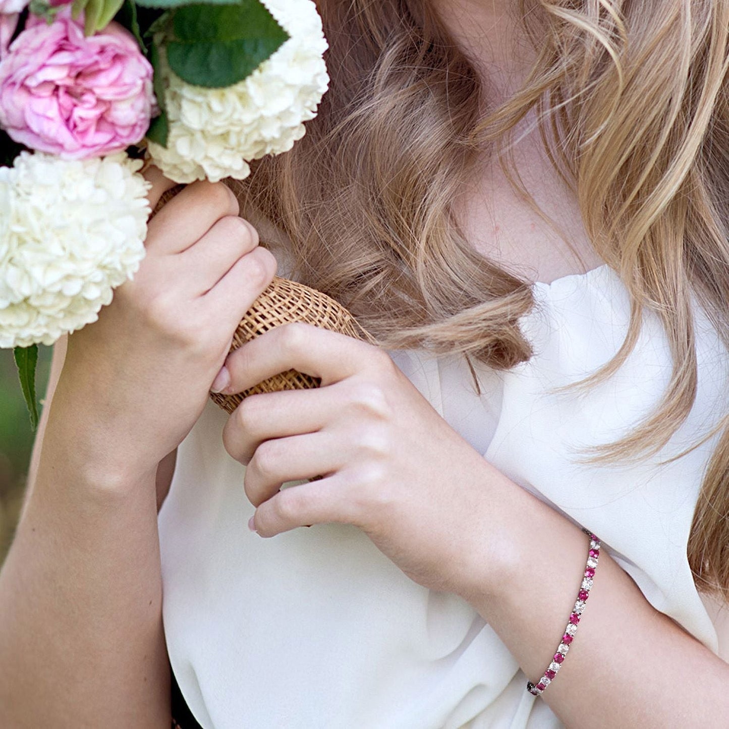 6.00 CTW Lab-Created Ruby & White Sapphire Tennis Bracelet in 14K Gold Overlay – 7.25”