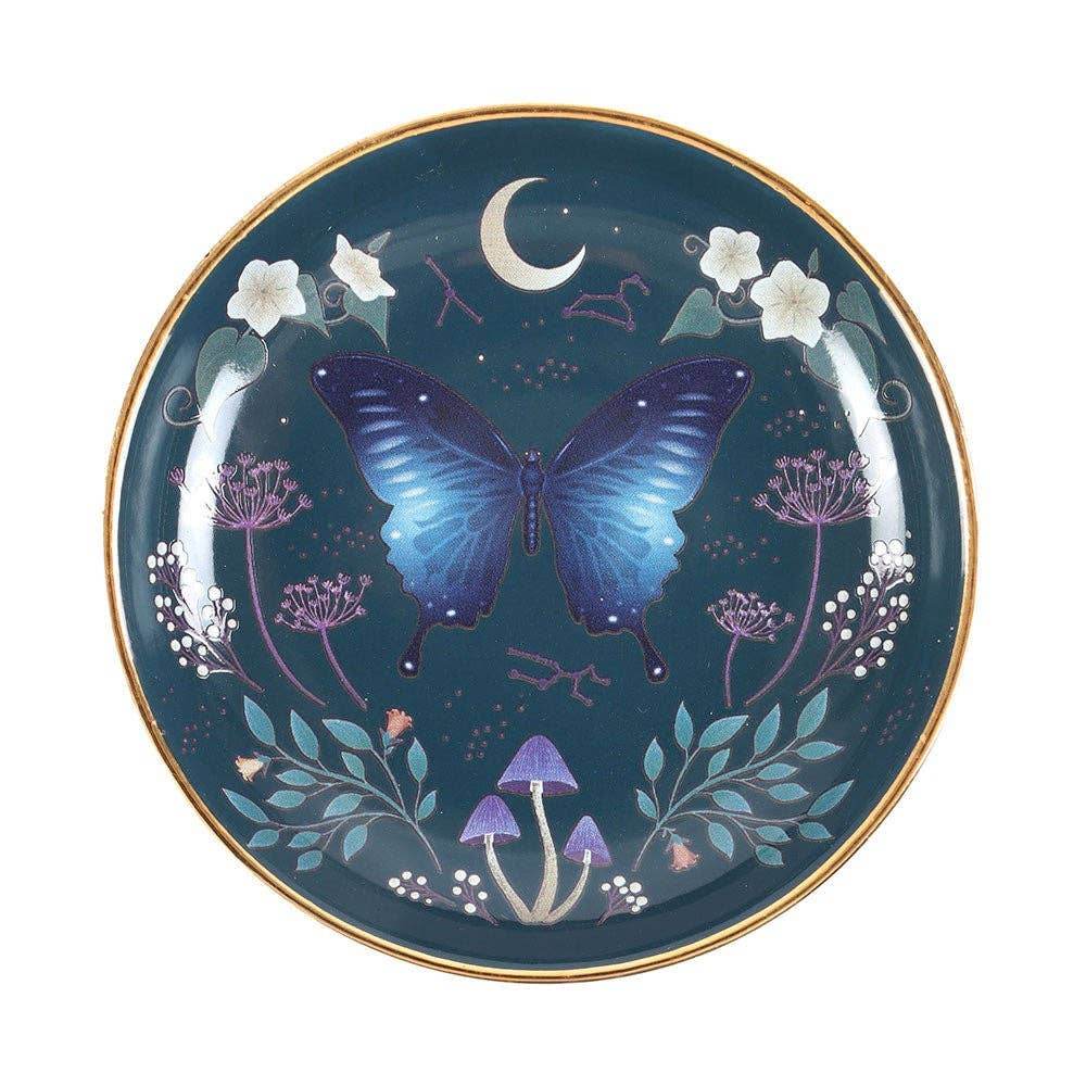 Midnight Moth Celestial Trinket Dish - Blue Night Sky Design with Gold Edging, Gothic Home Decor & Mystical Jewelry Storage