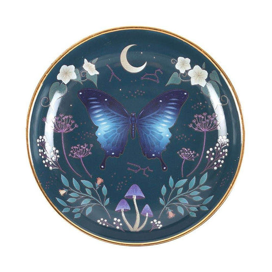 Midnight Moth Celestial Trinket Dish - Blue Night Sky Design with Gold Edging, Gothic Home Decor & Mystical Jewelry Storage