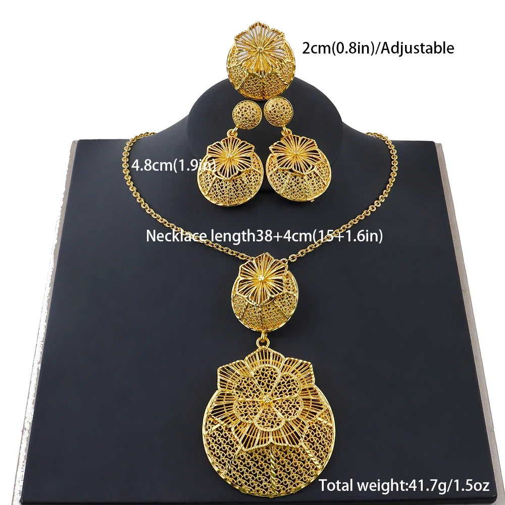 24k gold color party necklace earrings rings set luxury gold jewelry sets for woman wedding party Accessories