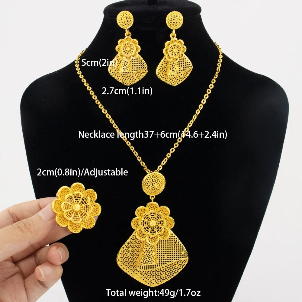 24k gold color party necklace earrings rings set luxury gold jewelry sets for woman wedding party Accessories
