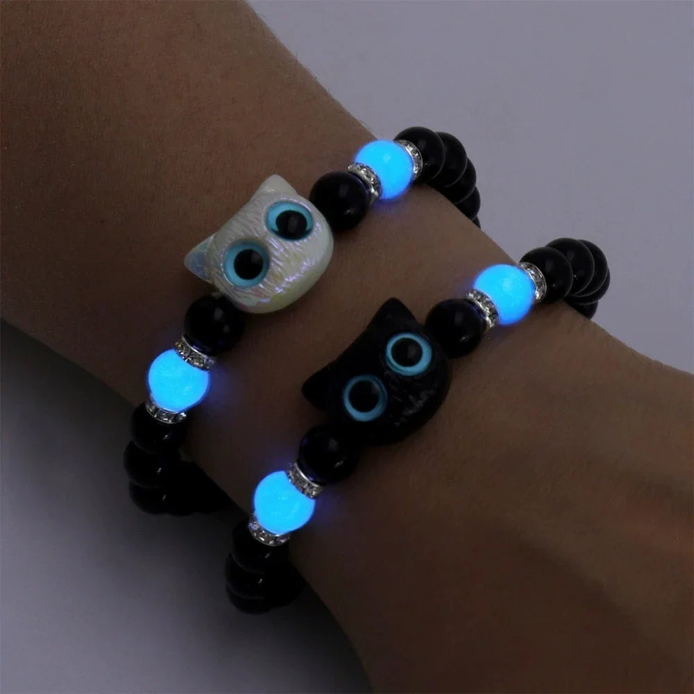 1 PC Matching Bracelets Couples Women Men Luminous Cute Cat Friendship Bracelete Black White Cat Head Bead Strand Bracelet