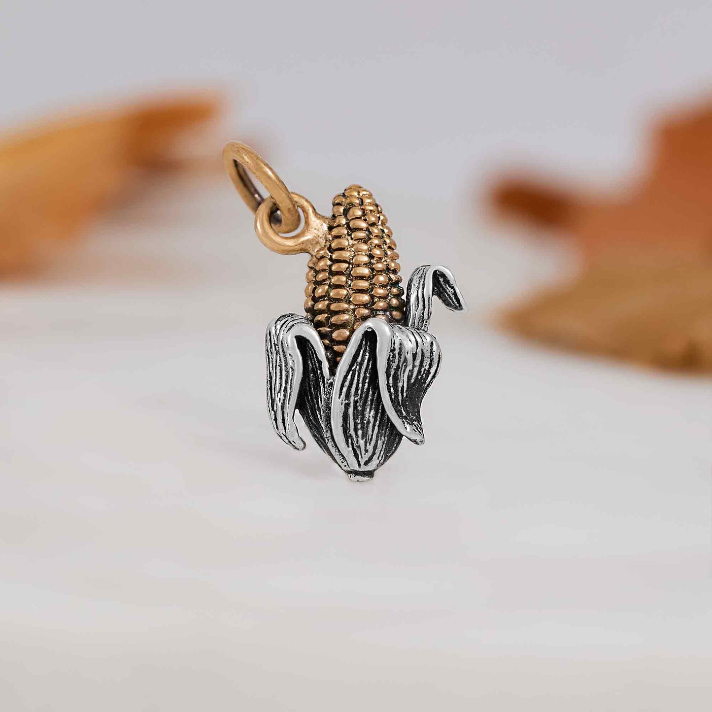 Mixed Metal Corn Necklace – Sterling Silver & Bronze Corn Cob Charm – Midwest Inspired Dainty Necklace