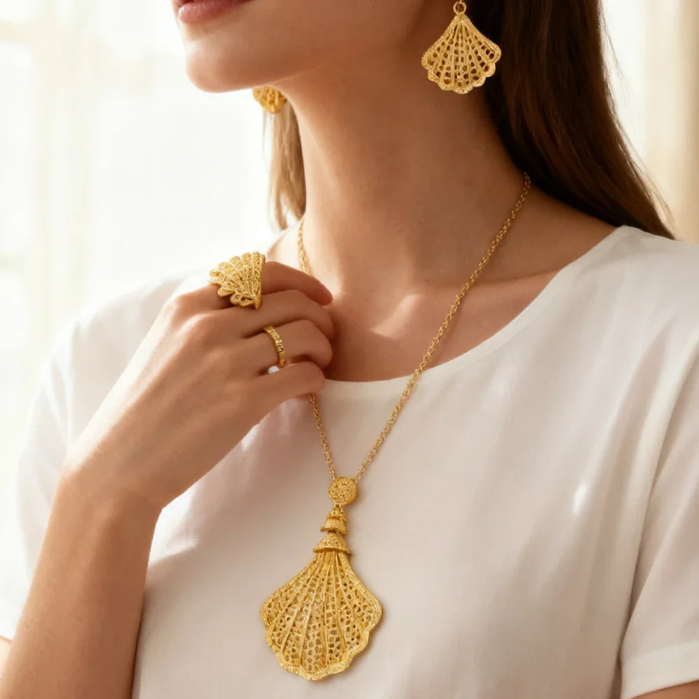 24k gold color party necklace earrings rings set luxury gold jewelry sets for woman wedding party Accessories