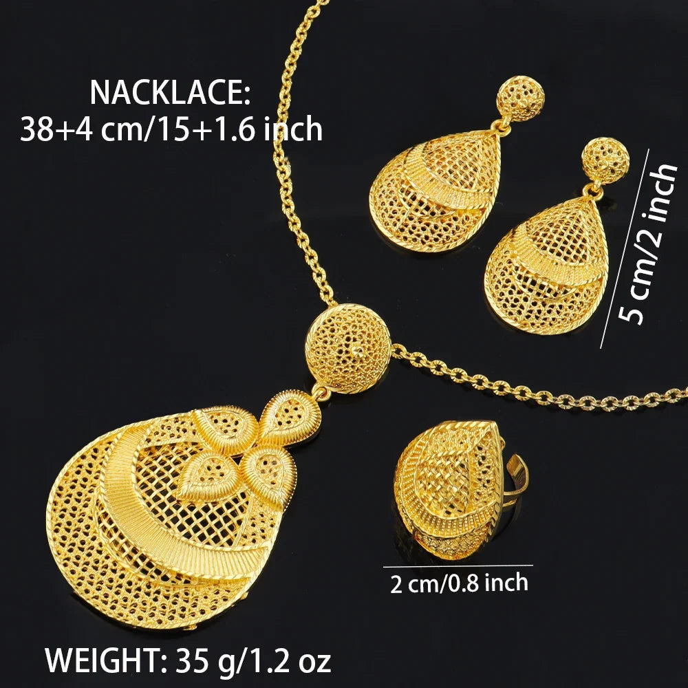 24k gold color party necklace earrings rings set luxury gold jewelry sets for woman wedding party Accessories