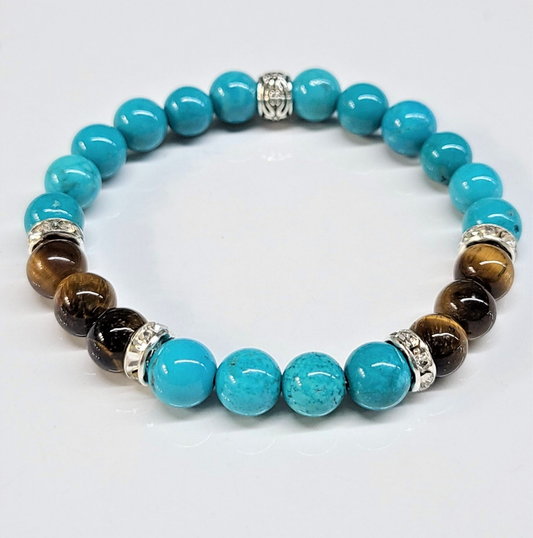 Blue Howlite and Tiger Eye Round Bead Bracelet 8mm