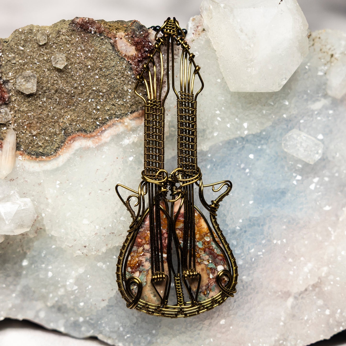 Sea Sediment Jasper "Guitar" Wire Wrap Crystal Pendant