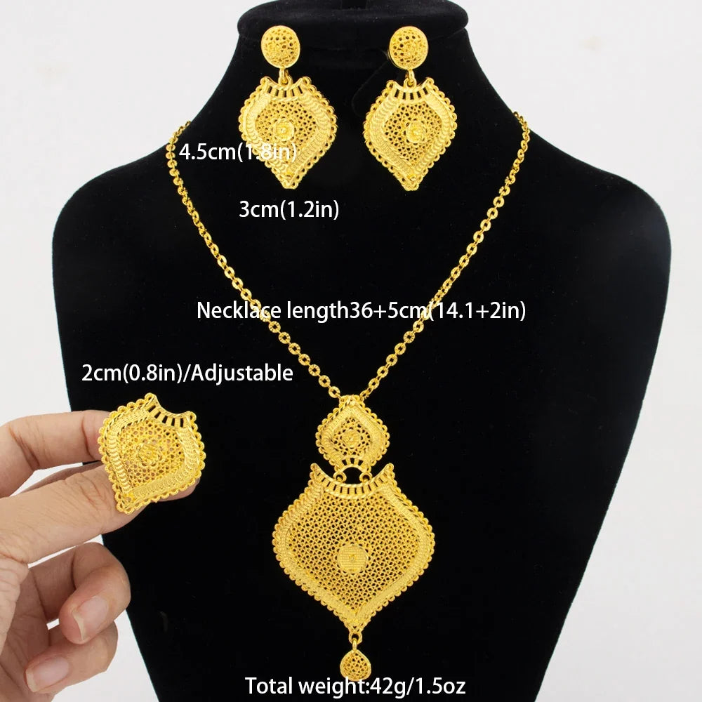 24k gold color party necklace earrings rings set luxury gold jewelry sets for woman wedding party Accessories