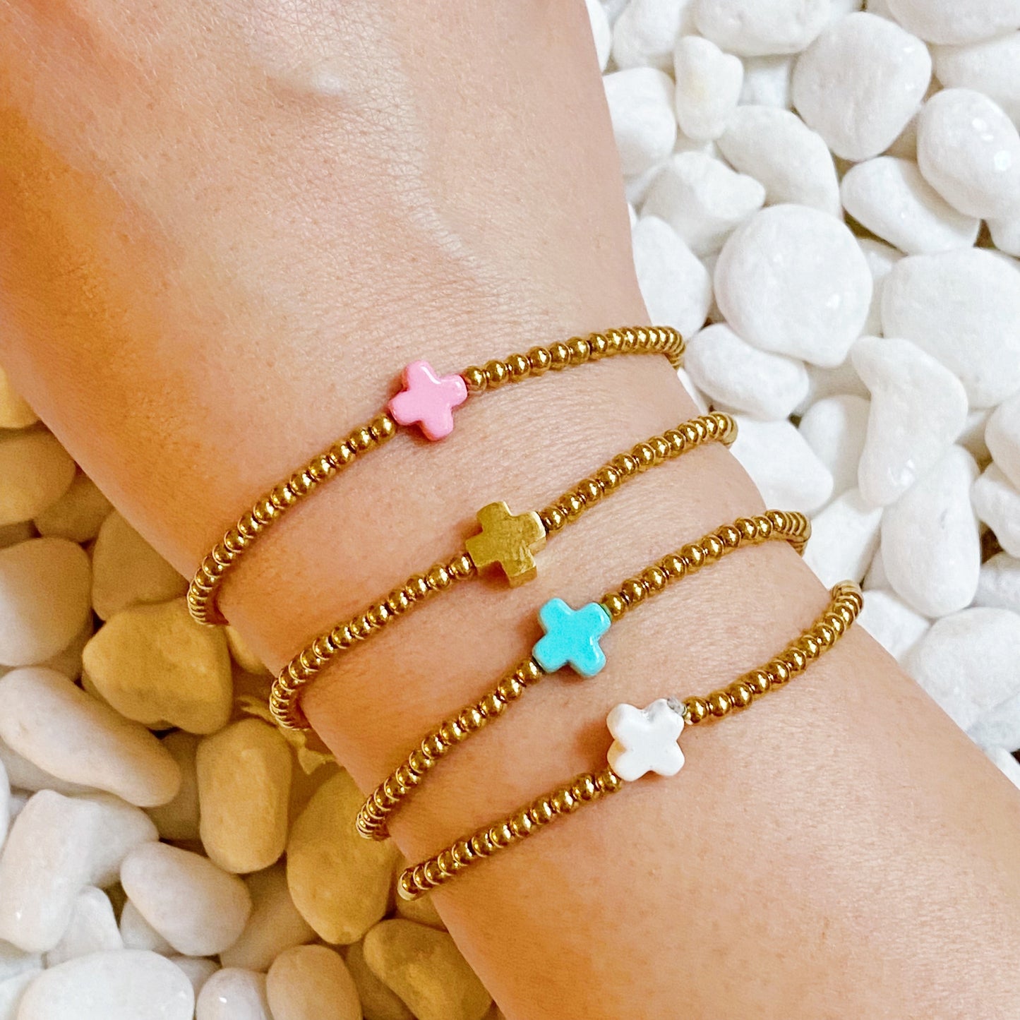 So Very Blessed Cross Gold Beaded Stretch Bracelet