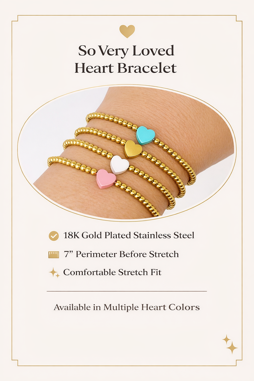 So Very Loved Heart Gold Beaded Stretch Bracelet