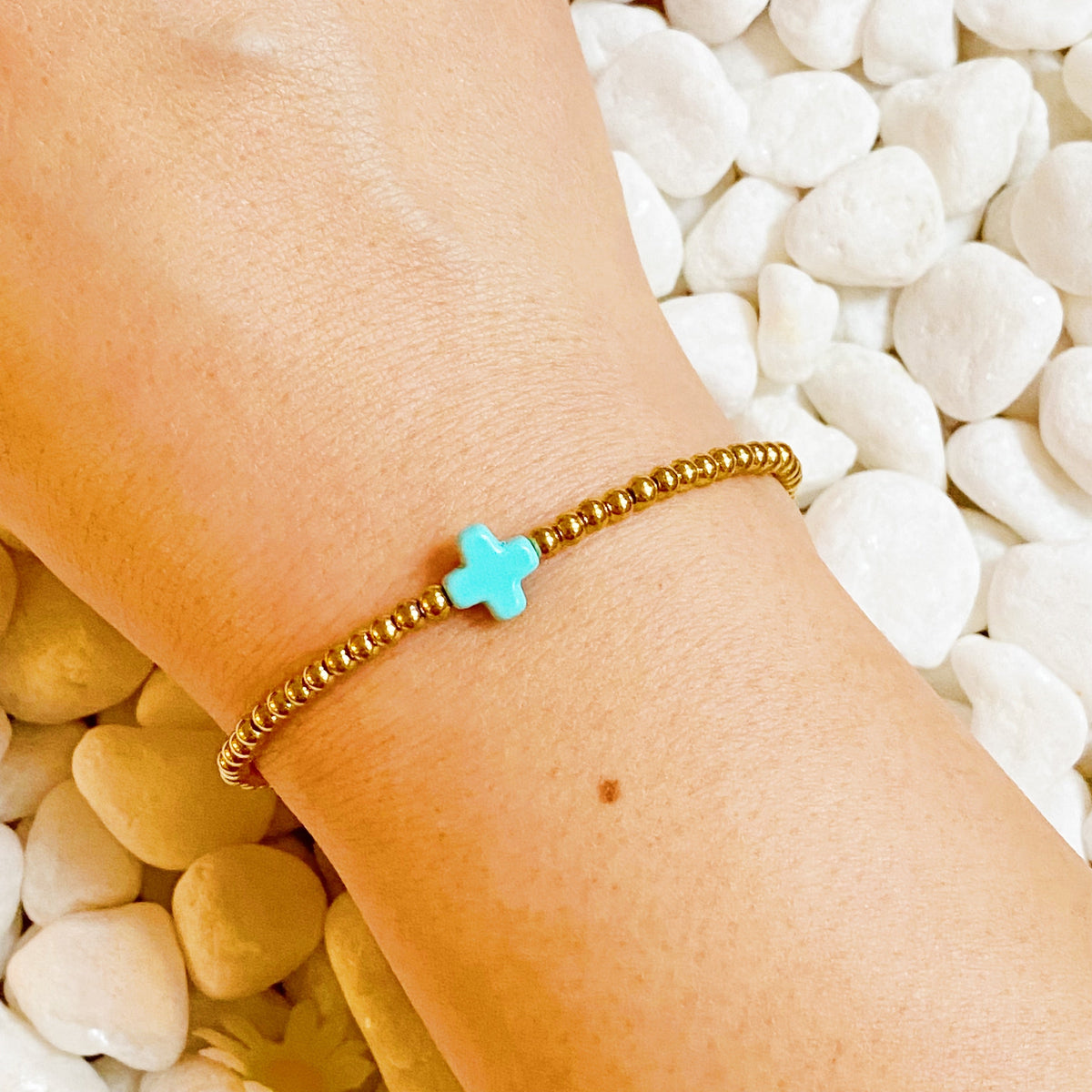 So Very Blessed Cross Gold Beaded Stretch Bracelet