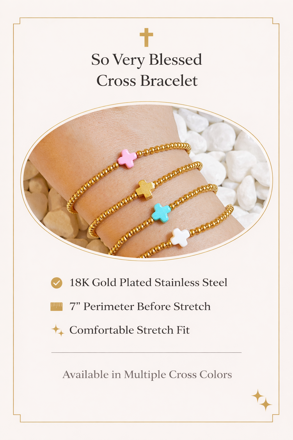 So Very Blessed Cross Gold Beaded Stretch Bracelet
