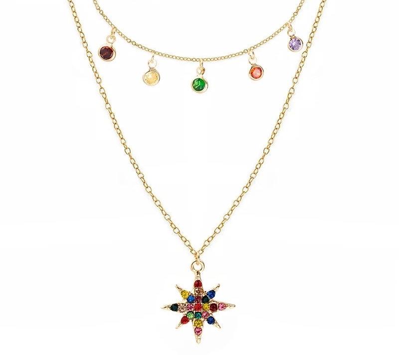 Star Necklace Layered with Rainbow Cubic Zirconia Stones