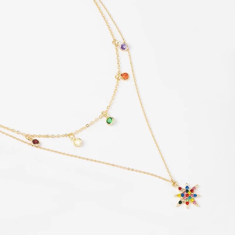 Star Necklace Layered with Rainbow Cubic Zirconia Stones