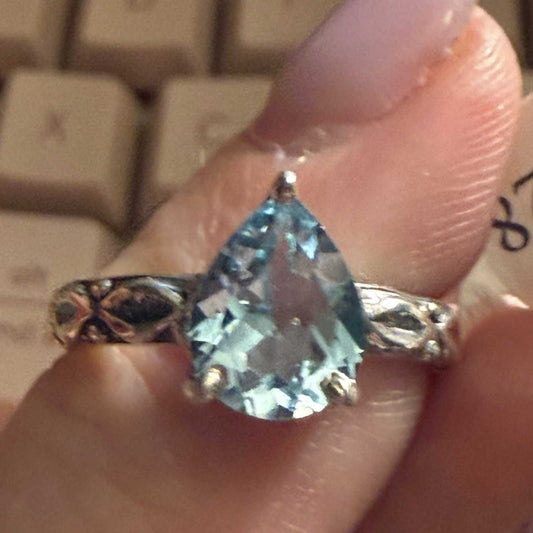 Teardrop Blue Topaz Filigree Ring in Sterling Silver