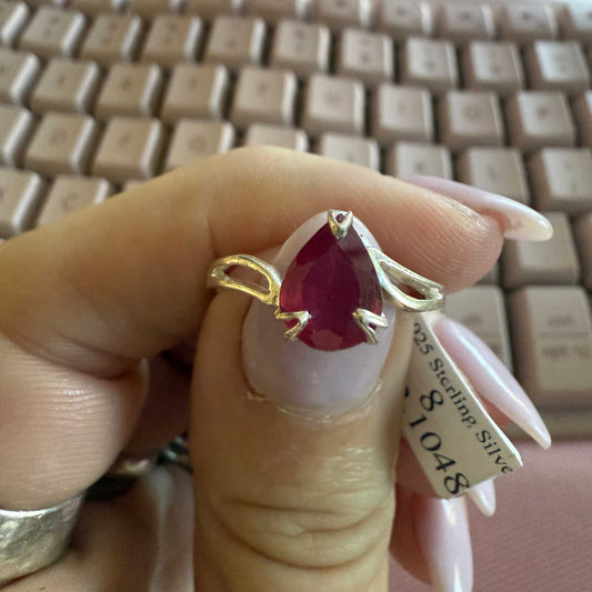 Teardrop Ruby Infinity Sterling Silver Ring (Size 8)