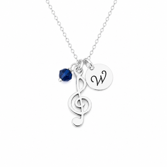 Personalized Treble Clef Necklace – Sterling Silver Chain with Birthstone & Initial