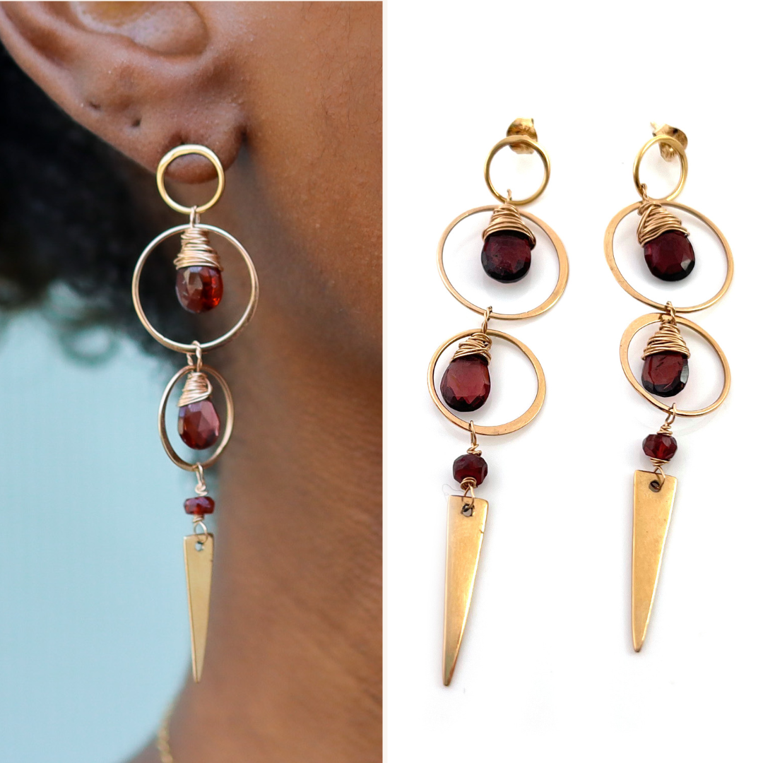 Garnet and 14k Rose Gold Filled Spike Earrings – Wire Wrapped Statement Earrings
