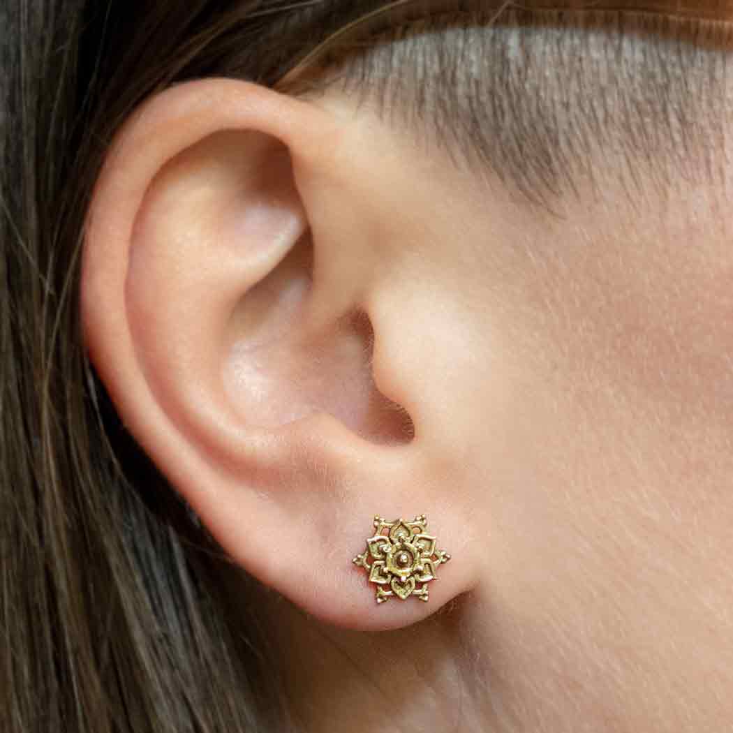 Bronze Lotus Mandala Stud Earrings – Petite 10x10mm, Sterling Silver Posts, Handmade