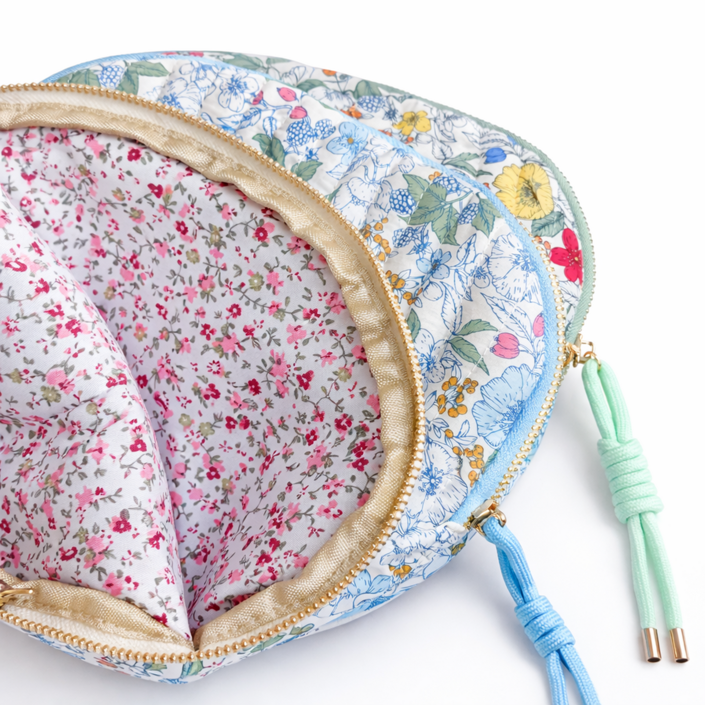 Vintage-Inspired Quilted Floral Cosmetic Case – Curved Makeup Pouch in Soft Pastel Garden Prints