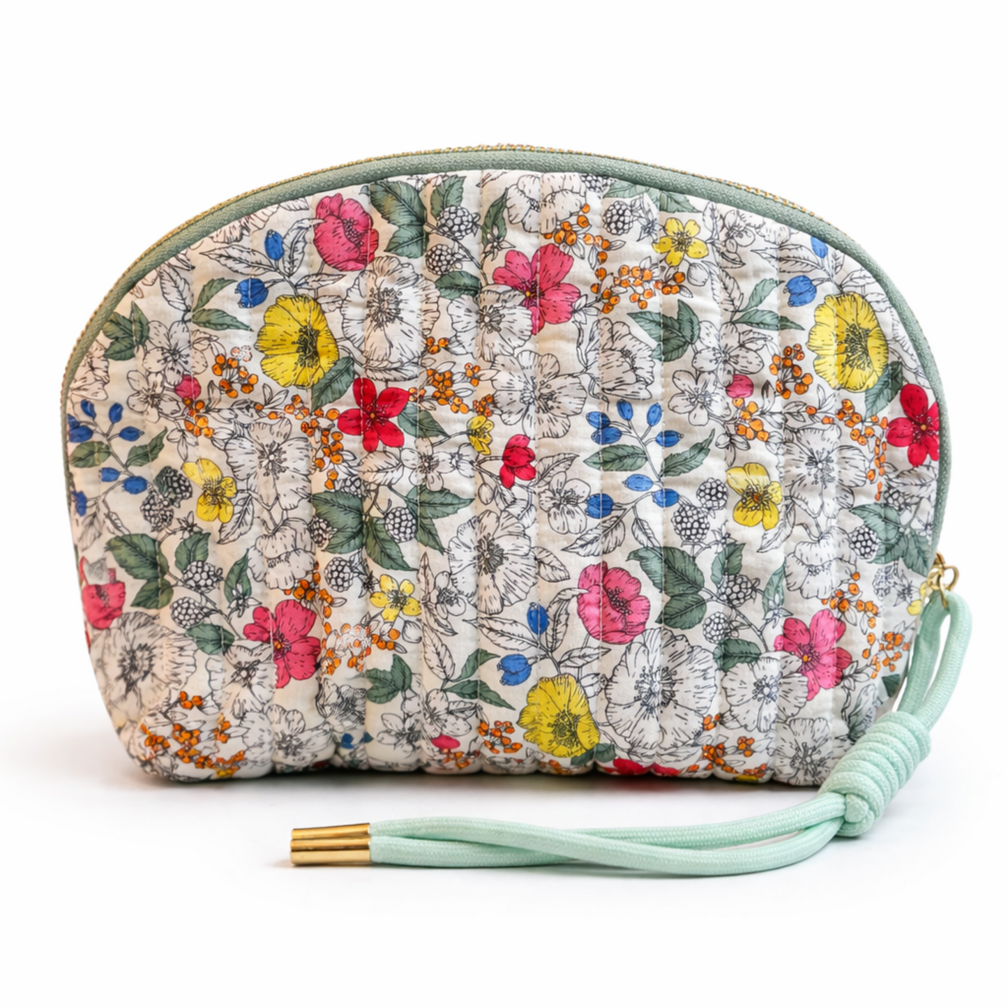 Vintage-Inspired Quilted Floral Cosmetic Case – Curved Makeup Pouch in Soft Pastel Garden Prints