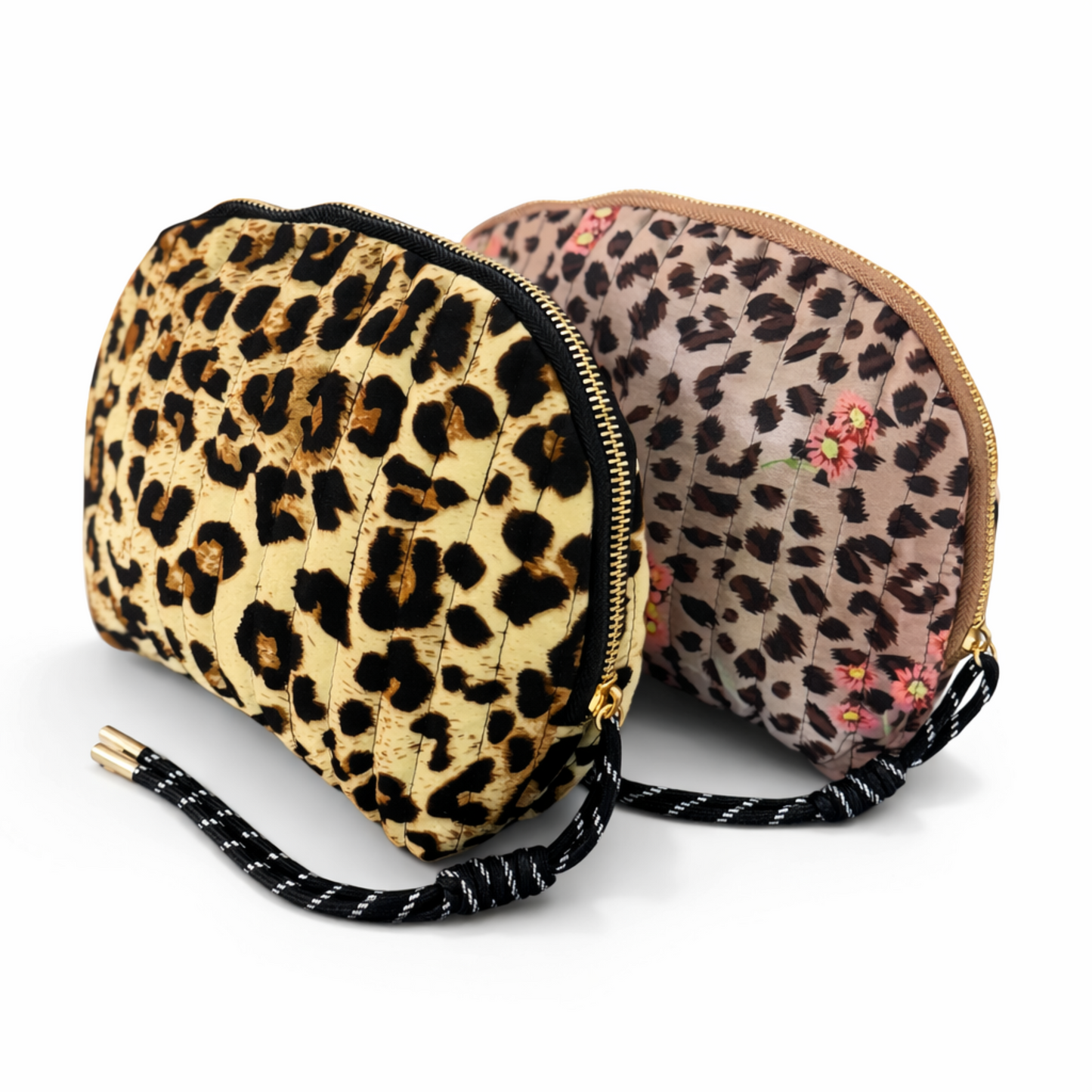 Vintage-Inspired Quilted Leopard Cosmetic Case – Curved Makeup Pouch in Classic and Floral Animal Print