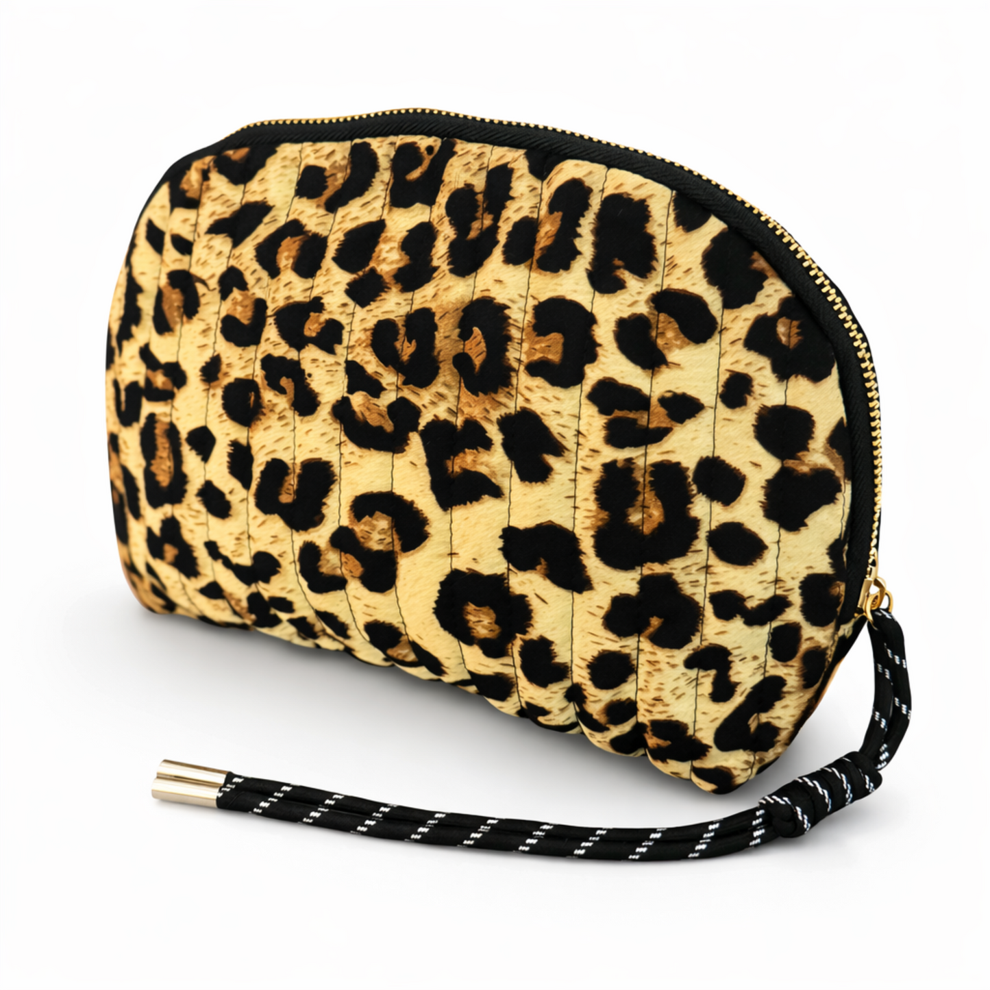 Vintage-Inspired Quilted Leopard Cosmetic Case – Curved Makeup Pouch in Classic and Floral Animal Print