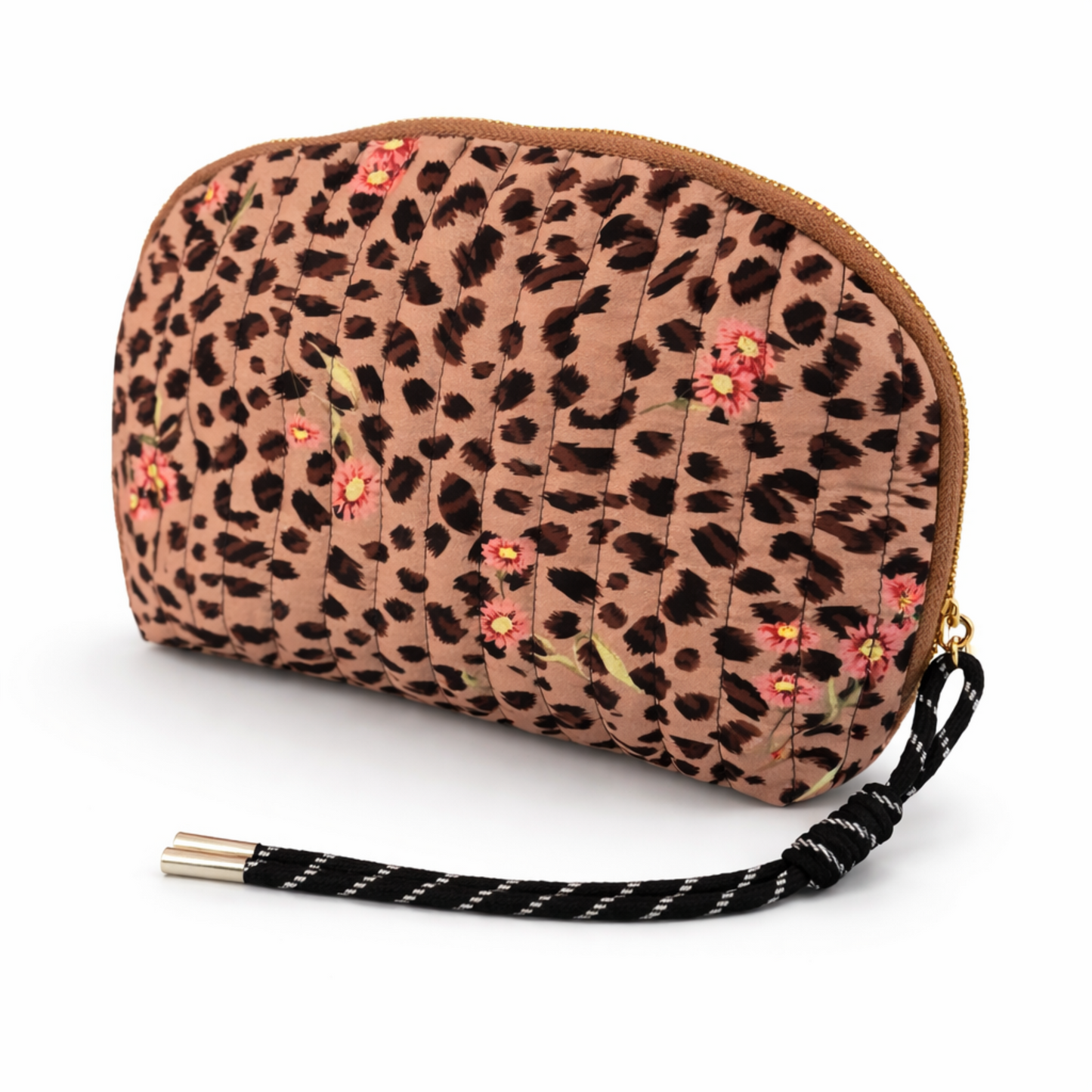 Vintage-Inspired Quilted Leopard Cosmetic Case – Curved Makeup Pouch in Classic and Floral Animal Print