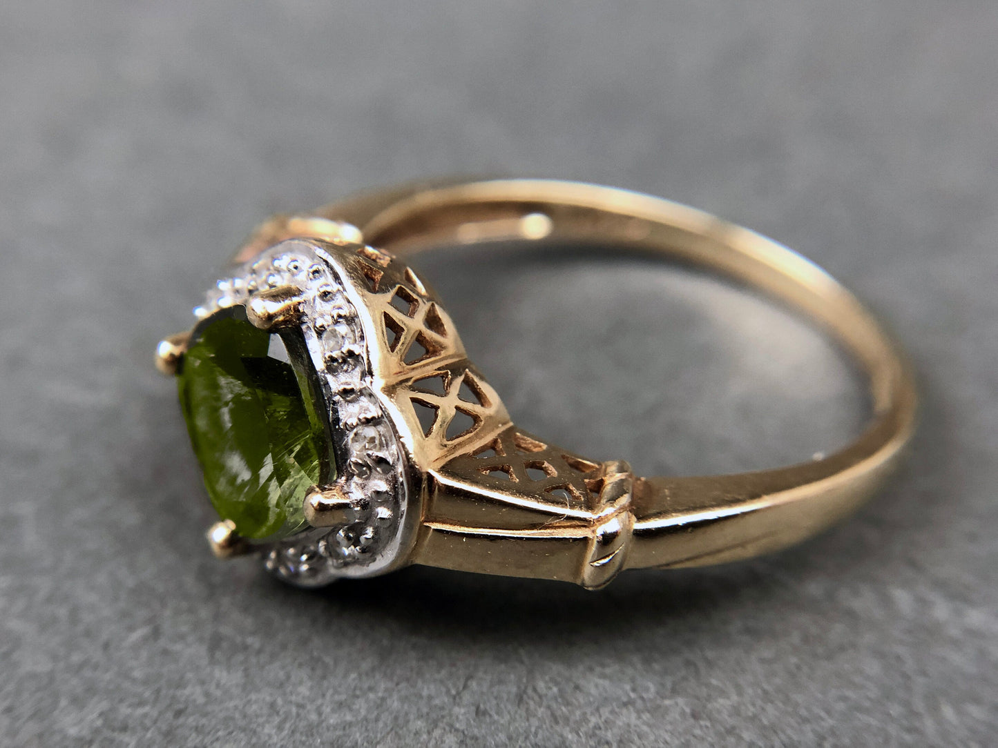 Vintage 10k Gold Ring with Natural Green Peridot and Diamond Halo. Gift for Her.