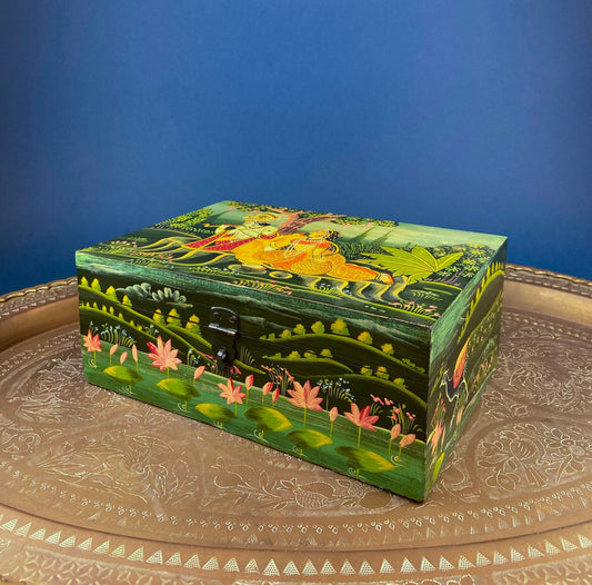 Handpainted Wooden Storage Box. Indian Themed Trinket Box. Rustic, Colorful Treasure Box Depicting Man & Woman in a Garden. Vintage Gifts.