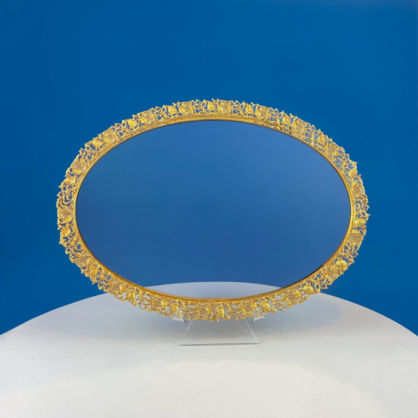 Vintage Large Gold Dresser Vanity Mirror Tray. Rich Gilded Metal Tea Rose Oval Frame. Chic Bedroom Bath Perfume Display. Wall Hanging.