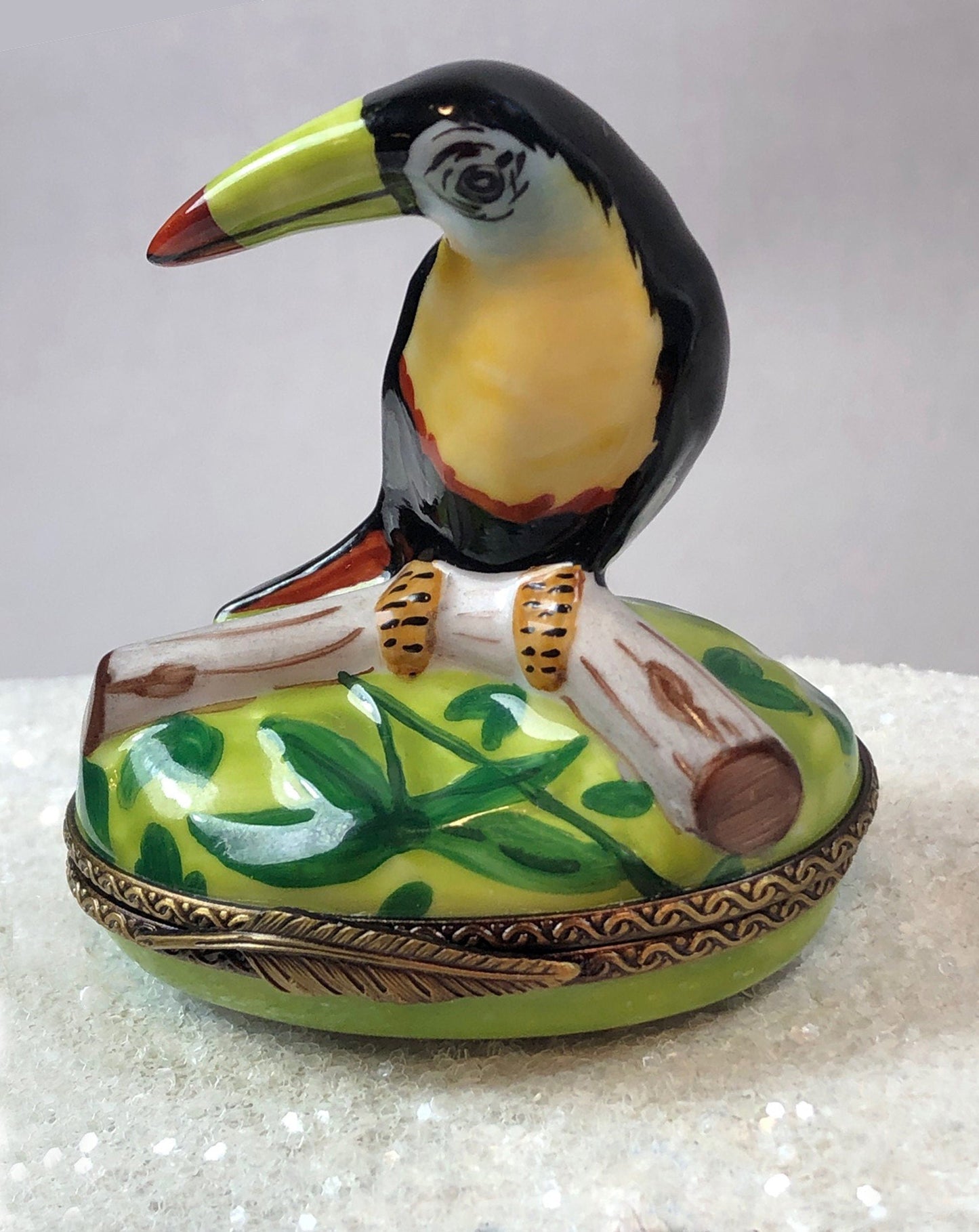 Limoges Box with Bird on Lid. Collectible Porcelain and Brass  Item Made in France.