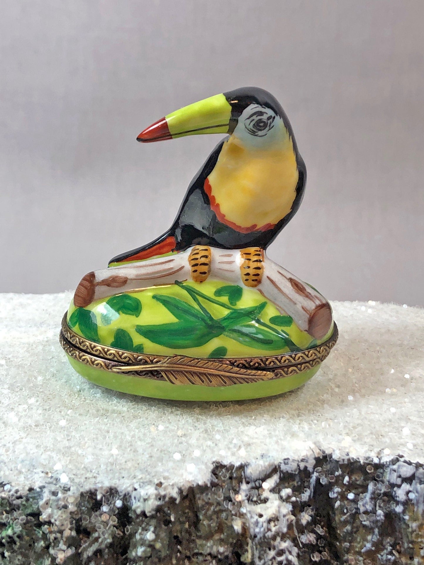 Limoges Box with Bird on Lid. Collectible Porcelain and Brass  Item Made in France.