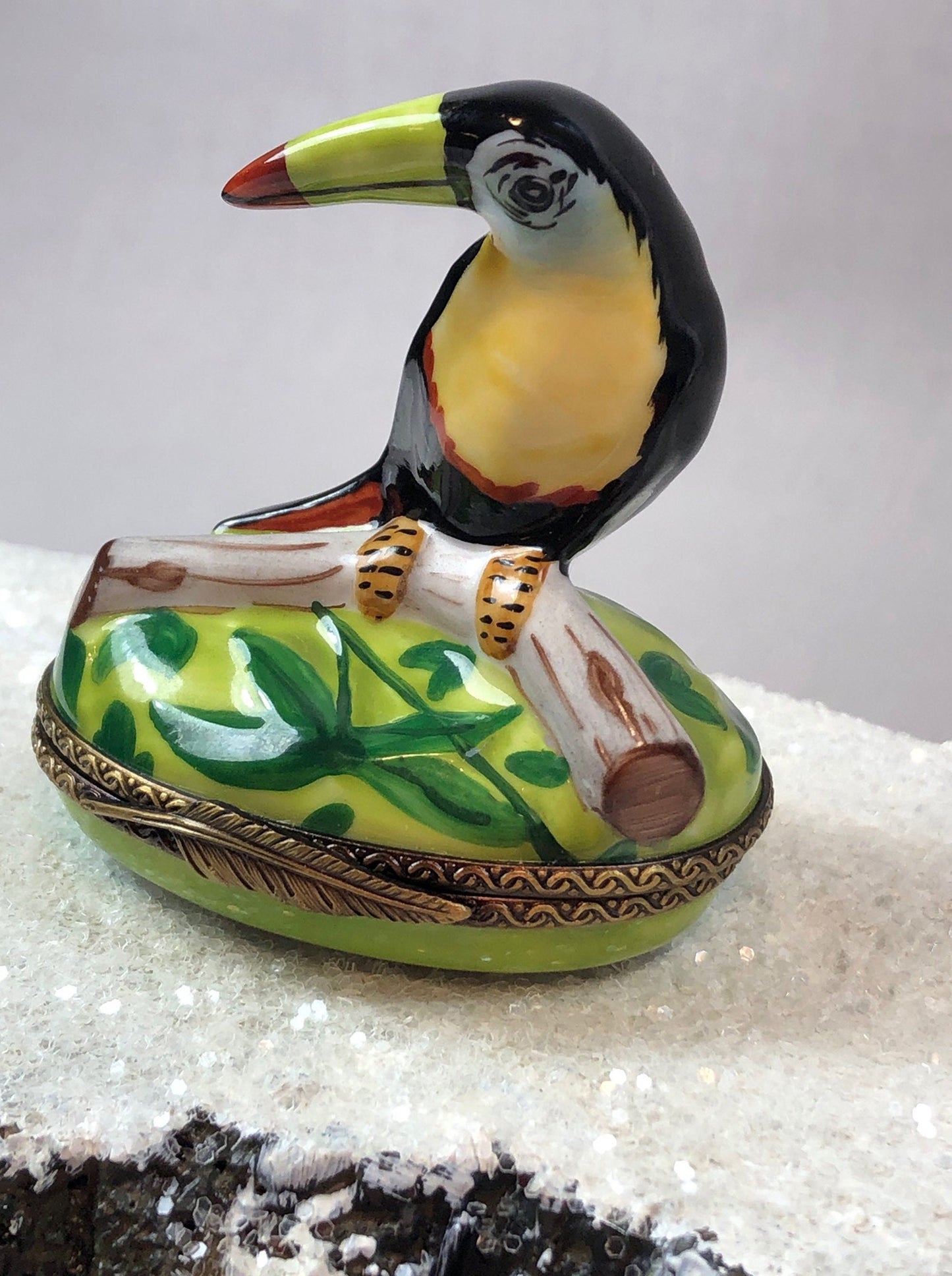 Limoges Box with Bird on Lid. Collectible Porcelain and Brass  Item Made in France.