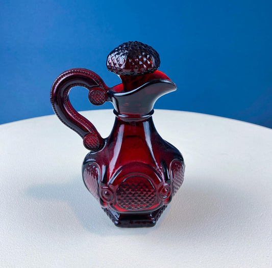 Vintage Ruby Red Avon Cape Cod Oil Vinegar Bottle with Stopper. Pressed Glass Roman Rosette Pattern. Table Dining Room Decor. Collectibles.