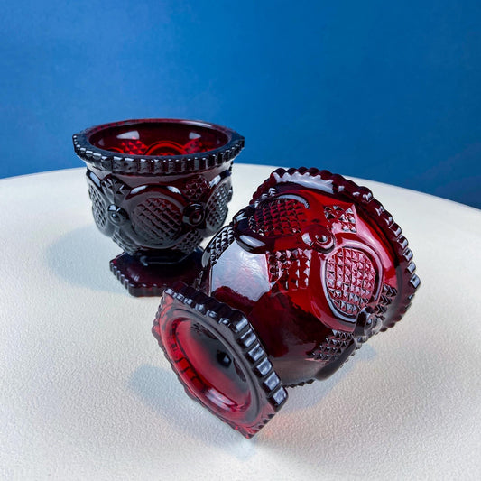 Vintage Ruby Red Avon Cape Cod Small Serving Bowls Cups. Set of 2. Pressed or "Sandwich" Glass, Roman Rosette Pattern. Dining Room Decor.