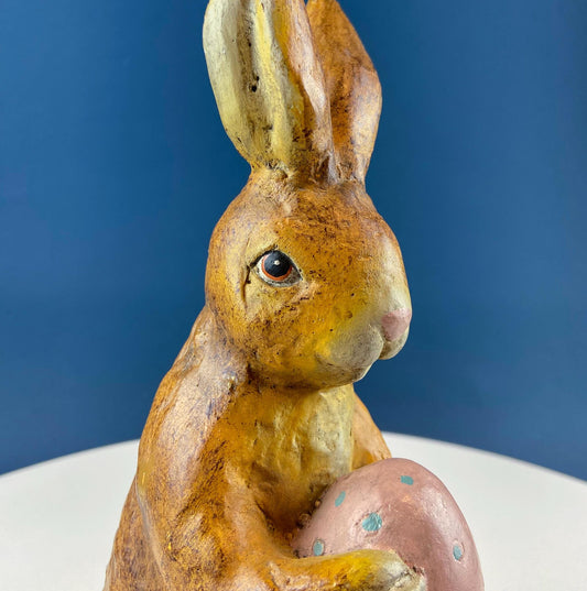 Vintage Rustic Brown Bunny with Pink Egg Figurine. Easter Display. Spring Celebration. Modern Farmhouse. Kids Room. Dining Table Room Decor.