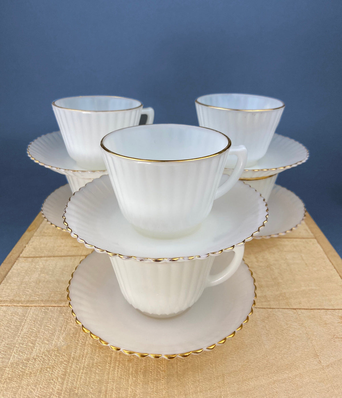 5 Opalescent Monax Petalware TeaCups. White and Gold Brim Depression Glass Coffee Cups. White Table Setting. Houseware. Dinning Room Decor.