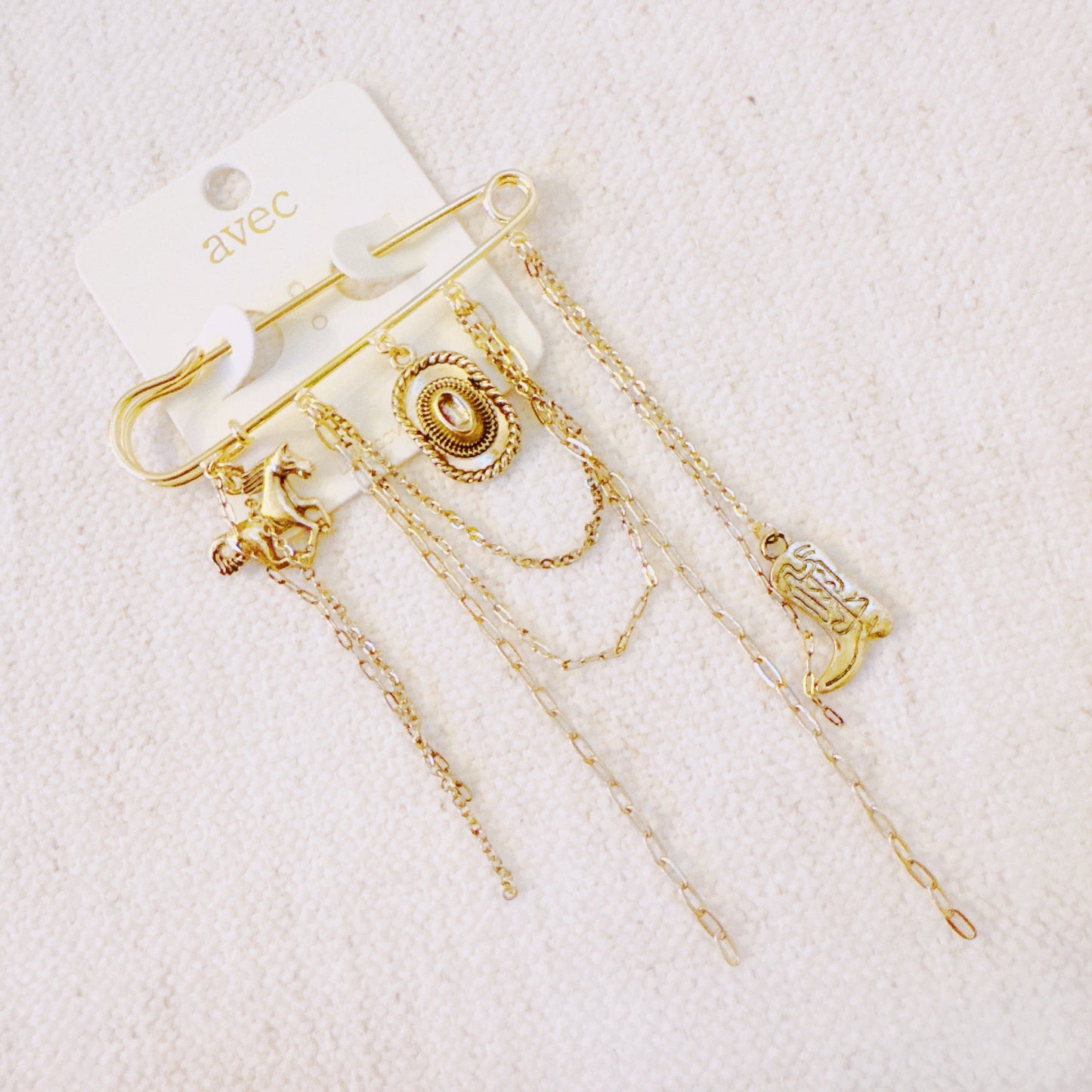 Western Charm Pin Brooch – Gold Safety Pin Style with Cowboy-Inspired Charms