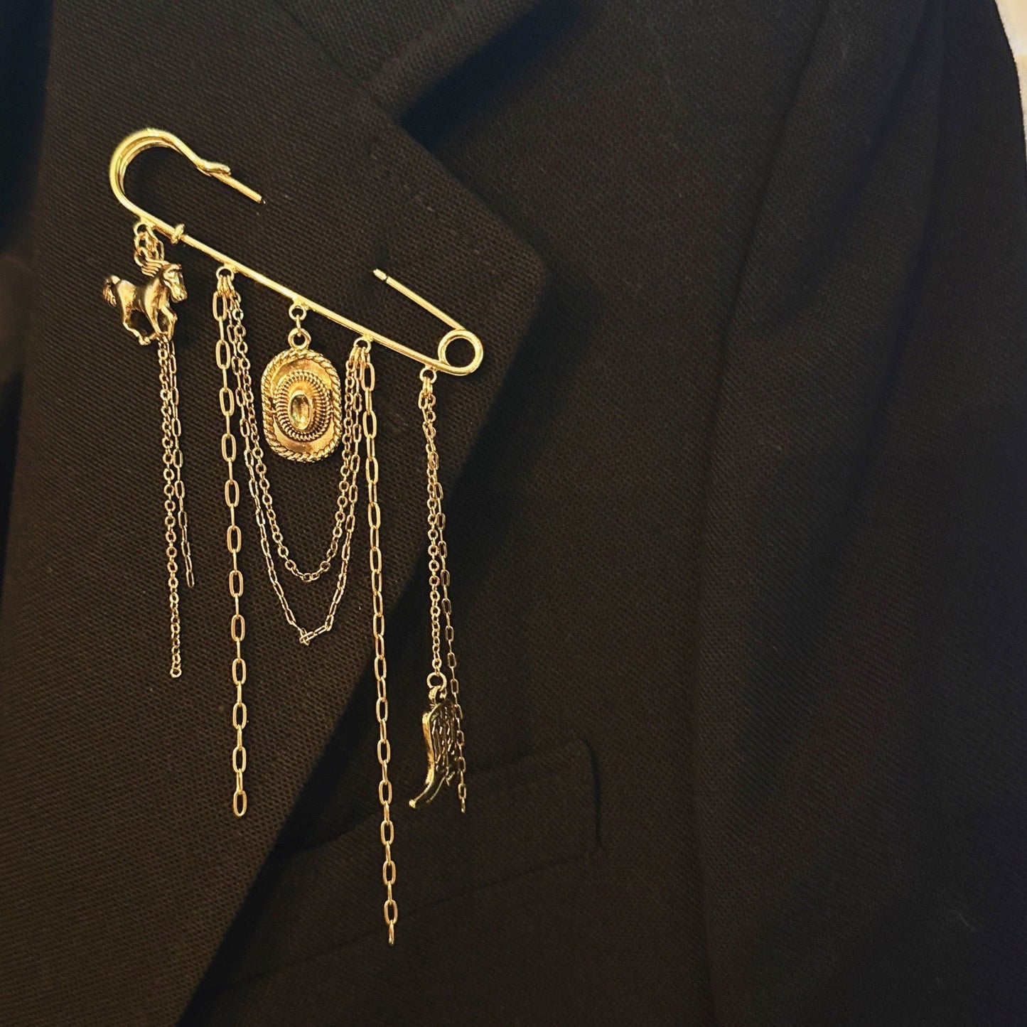 Western Charm Pin Brooch – Gold Safety Pin Style with Cowboy-Inspired Charms