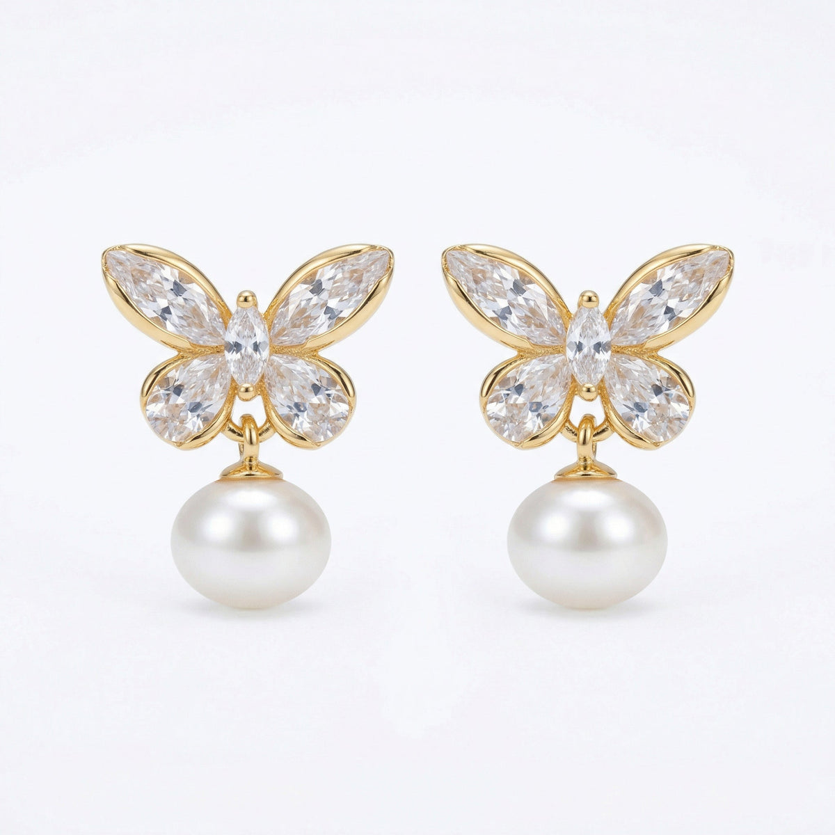 925 Sterling Silver Elegant Crystal Butterfly and Lustrous Pearl Drop Earrings