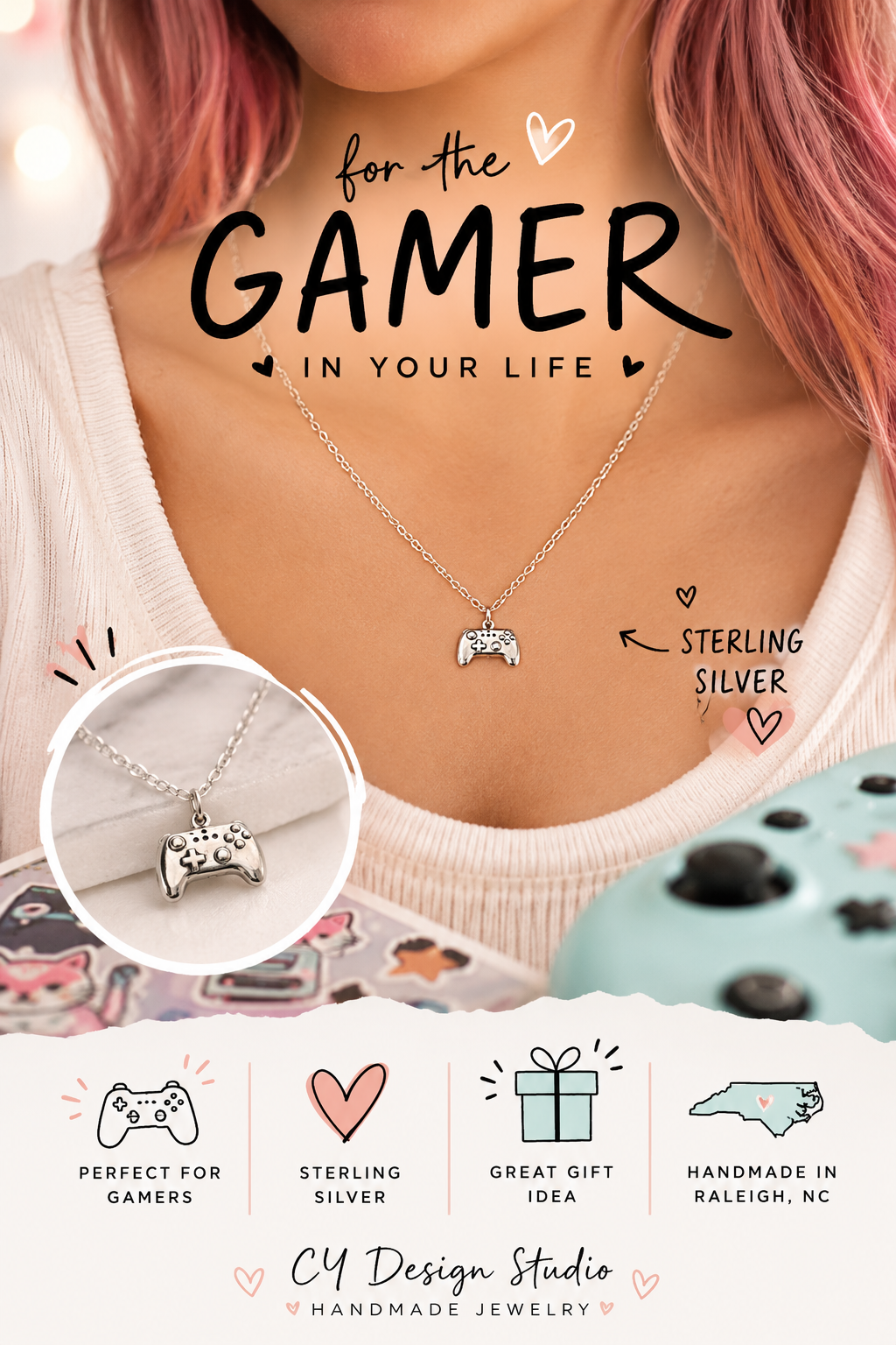 Sterling Silver Game Controller Necklace – Gamer Charm Necklace – 18" Cable Chain
