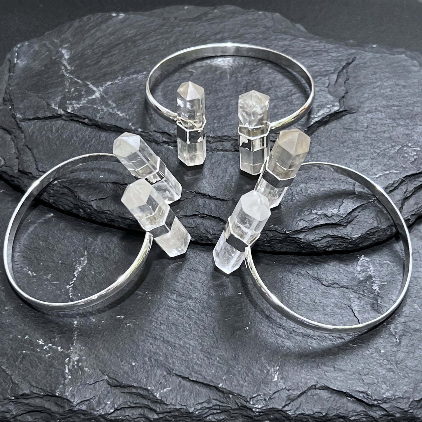 Quartz Crystal Point Adjustable Cuff Bangle Bracelet (Silver Plated)