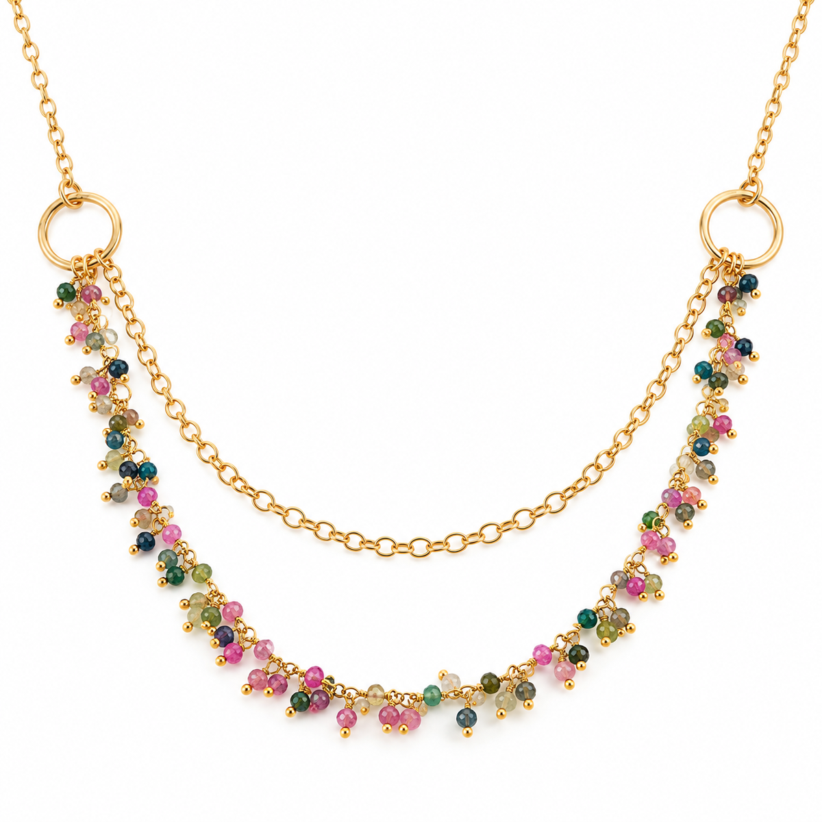 One of a Kind Tourmaline Cluster Necklace – Dual Layer Gold Filled Statement Necklace – Handmade in Raleigh
