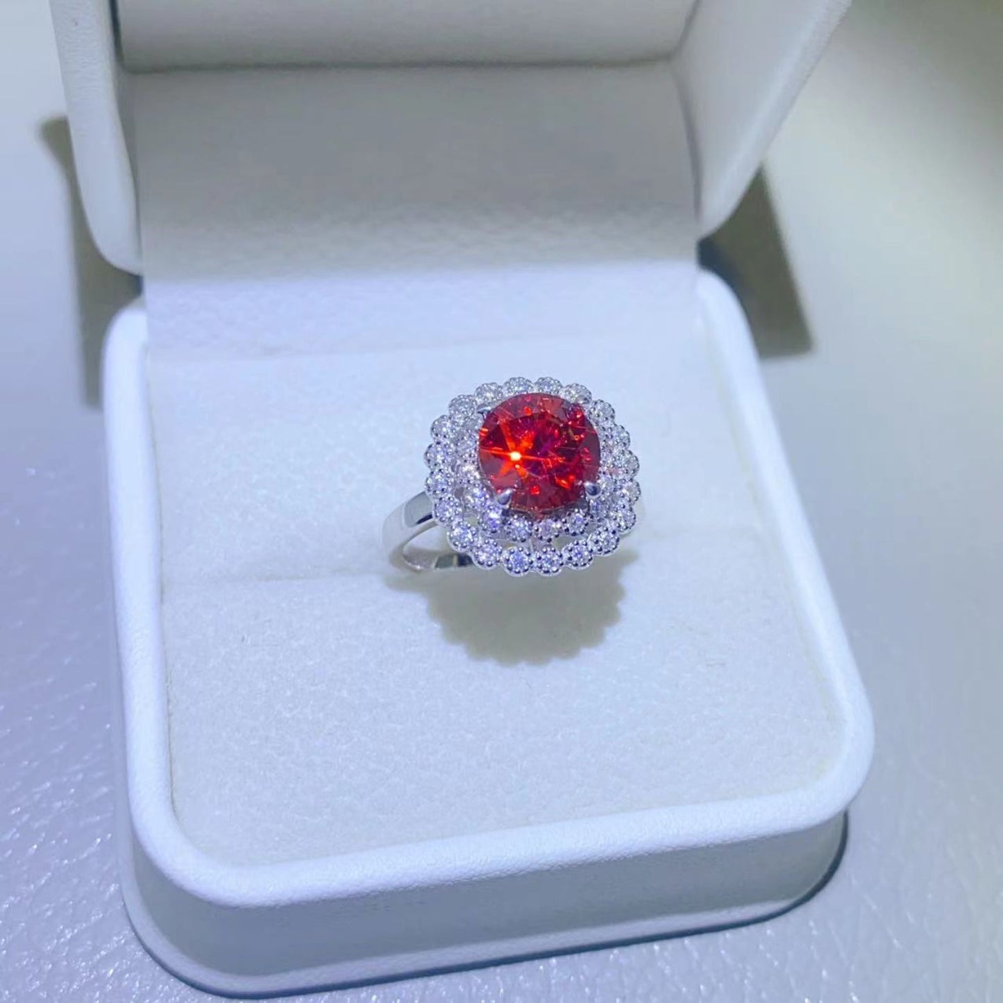 2 Carat Red Red Brilliant Round Cut Sparkala™ Pure Sterling Silver Halo Ring