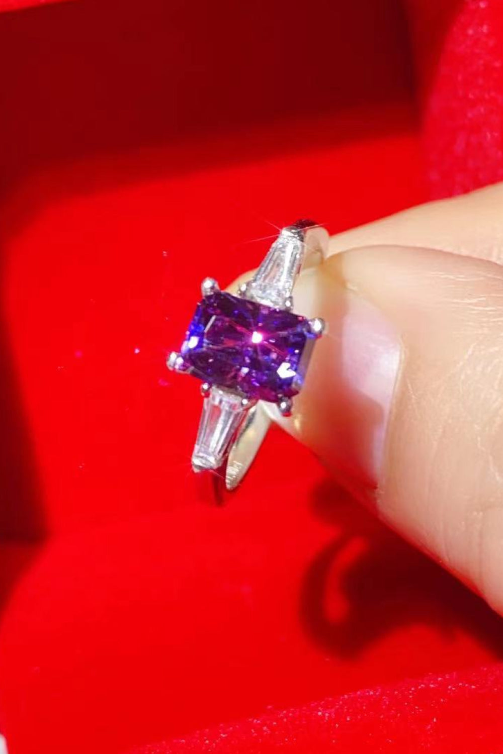 1 Carat Purple Emerald-Cut Sparkala™ Platinum-Plated Rectangle Ring in Purple