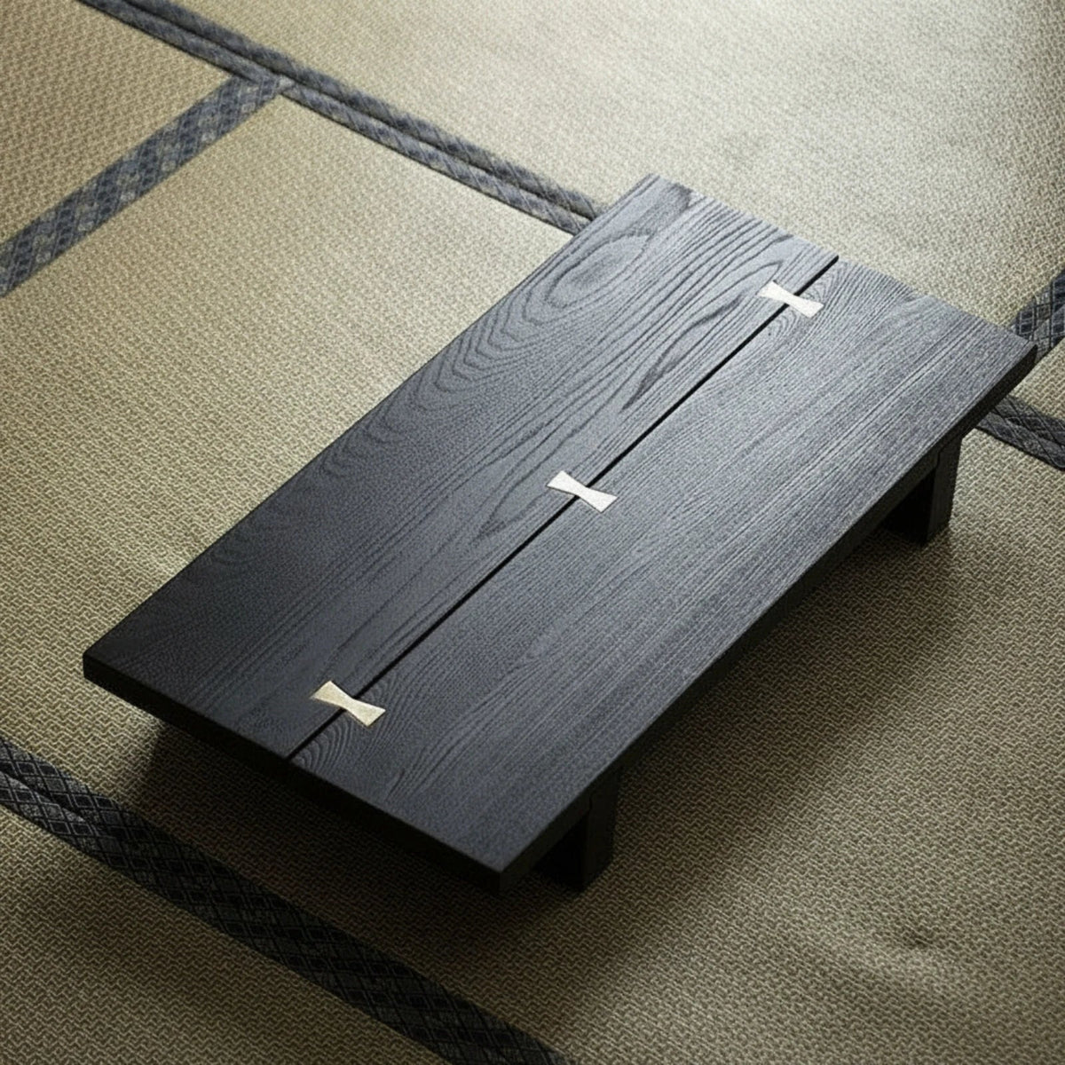 Wabi-Sabi Low Wood Tea Table with Brass Inlay | Compact Floor Table