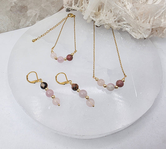 I AM ENOUGH -Kunzite, Rose Quartz, Rhodonite Gem Jewelry Set